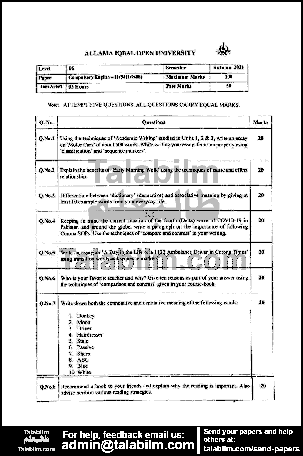 English–II (ODL) 9408 past paper for Autumn 2021