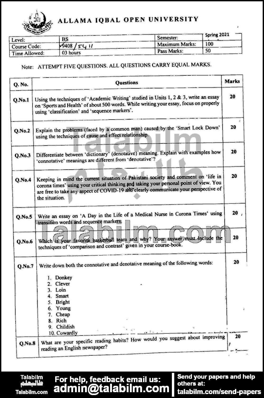 English–II (ODL) 9408 past paper for Autumn 2021 Page No. 2