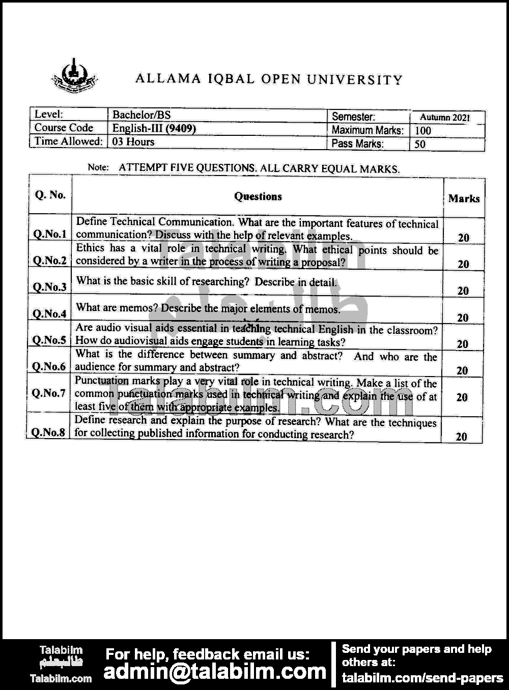 English-III (ODL) 9409 past paper for Autumn 2021 Page No. 2