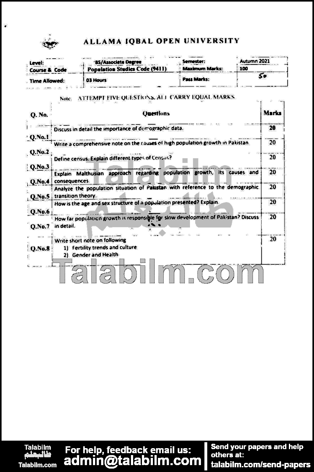 Population Studies (ODL) 9411 past paper for Autumn 2021