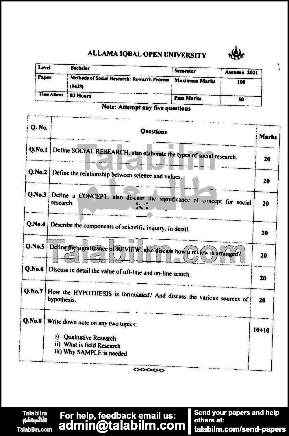 Methods of Social Research I: Research Process (F.C) 9438 past paper for Autumn 2021