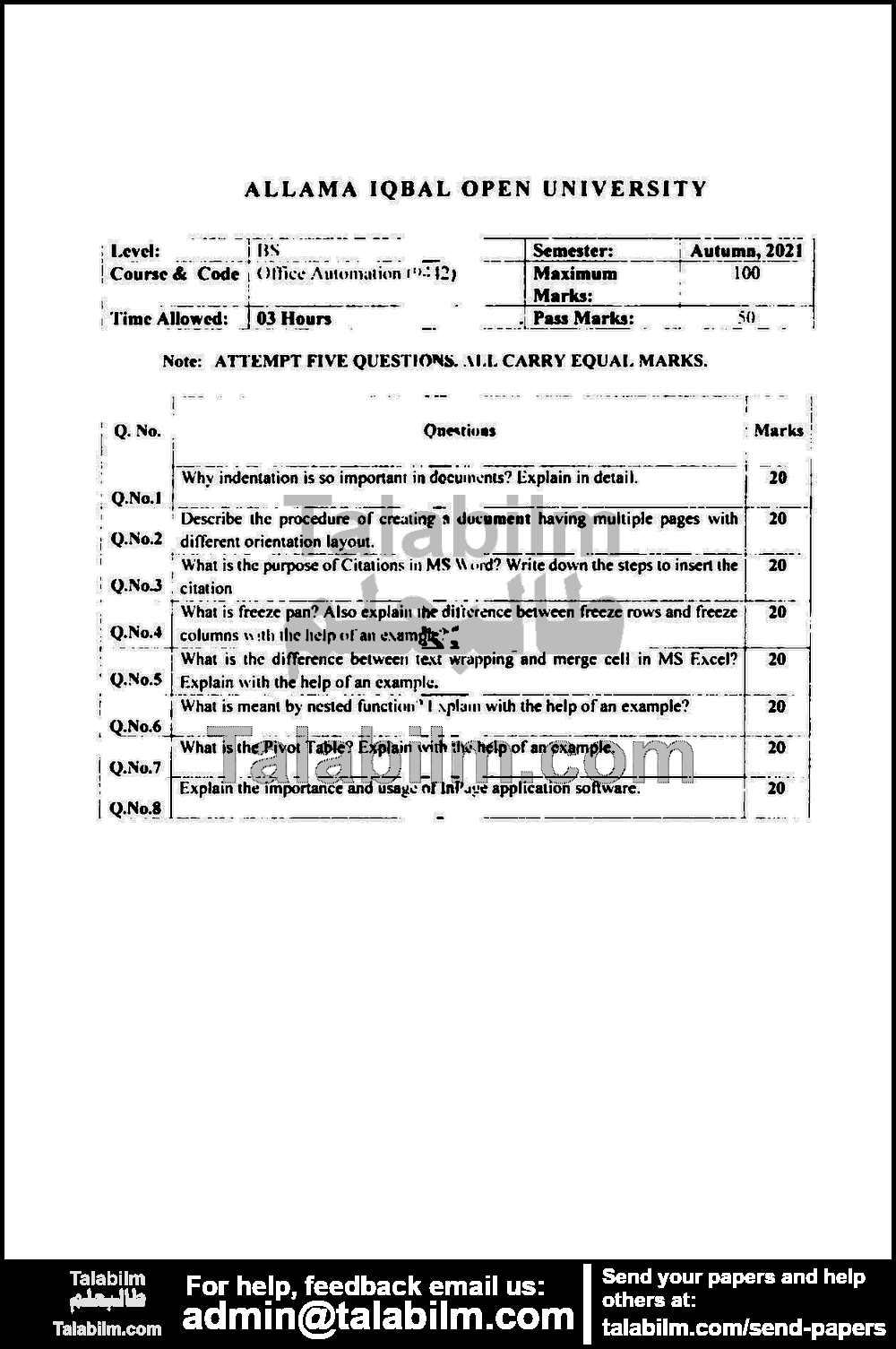 Office Automation 9442 past paper for Autumn 2021