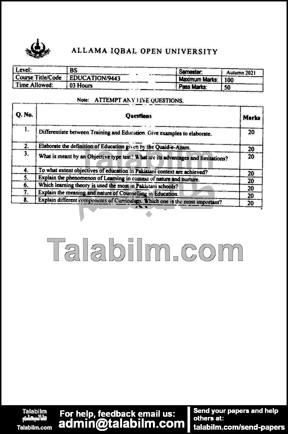 Education 9443 past paper for Autumn 2021