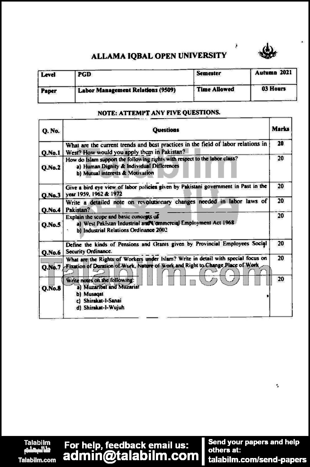 Labor Management Relations 9509 past paper for Autumn 2021